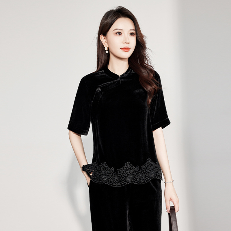 新中式国风女式上衣2025秋季新款立领短袖丝绒拼接蕾丝百搭衬衫