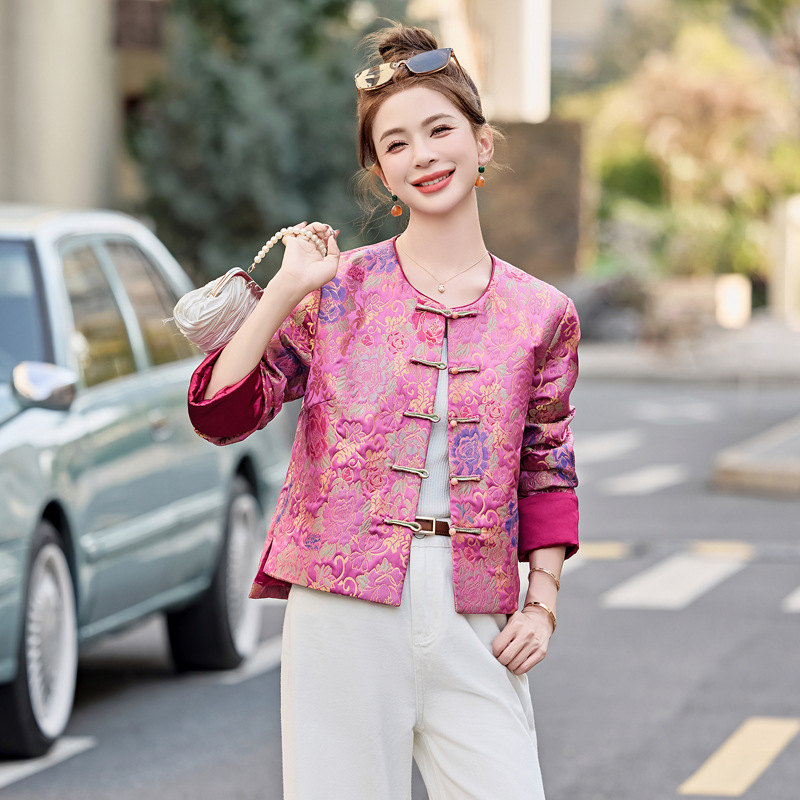 新中式国风女装玫红上衣2025复古唐装印花高级感小香风外套女春秋