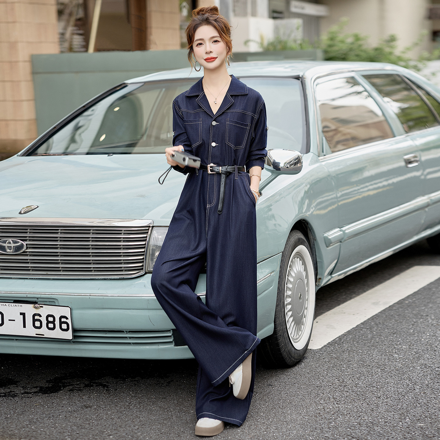 长袖牛仔连体裤女2025秋季新款系带高腰显瘦小个子连衣裤YQ3362