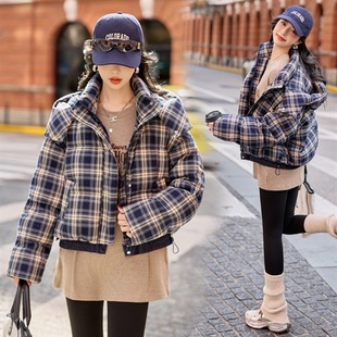 韩系短款羽绒服2025冬装新款韩版休闲百搭格纹连帽羽绒服帽子可拆