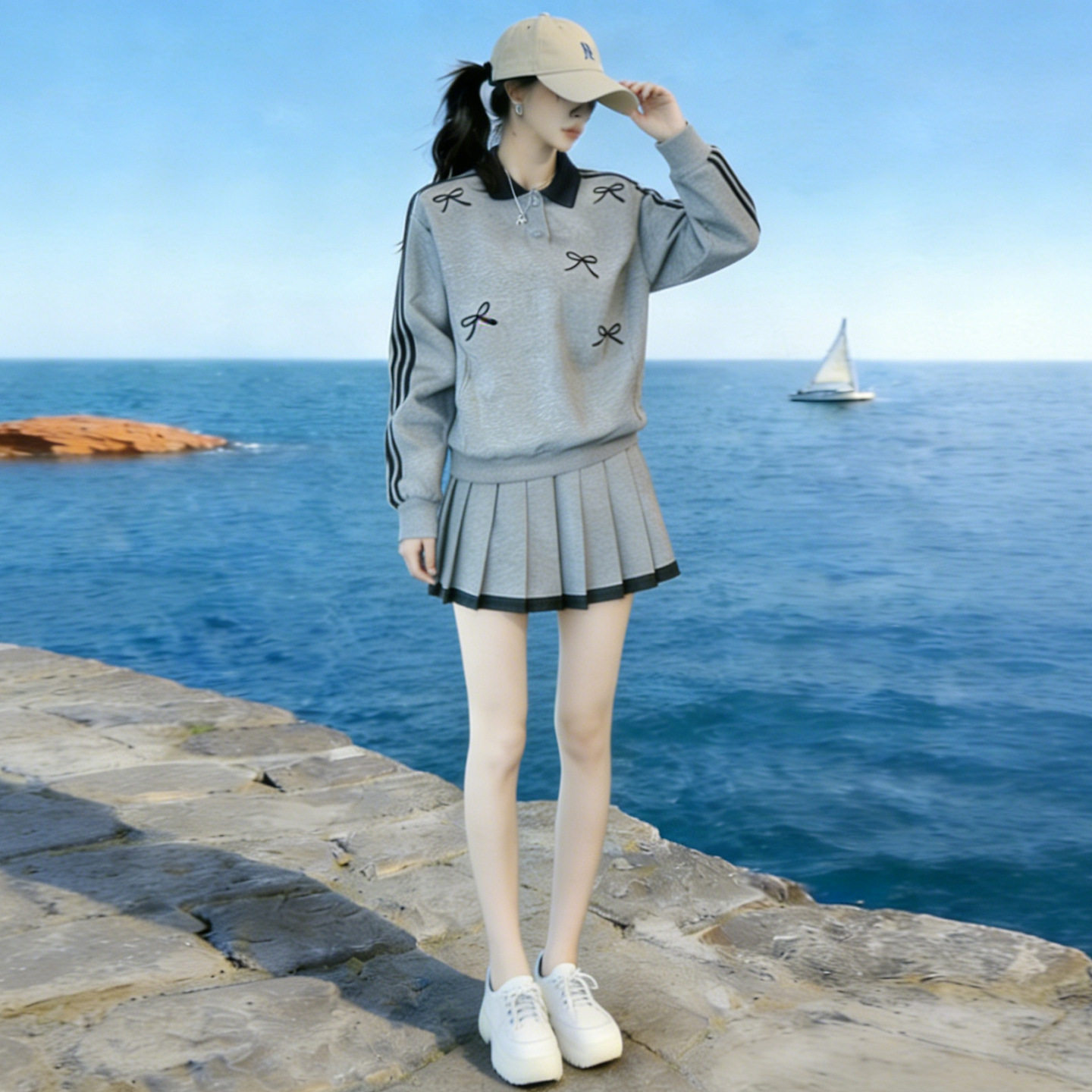 韩系运动休闲套装女2026春季学院风减龄蝴蝶结刺绣卫衣短裙两件套
