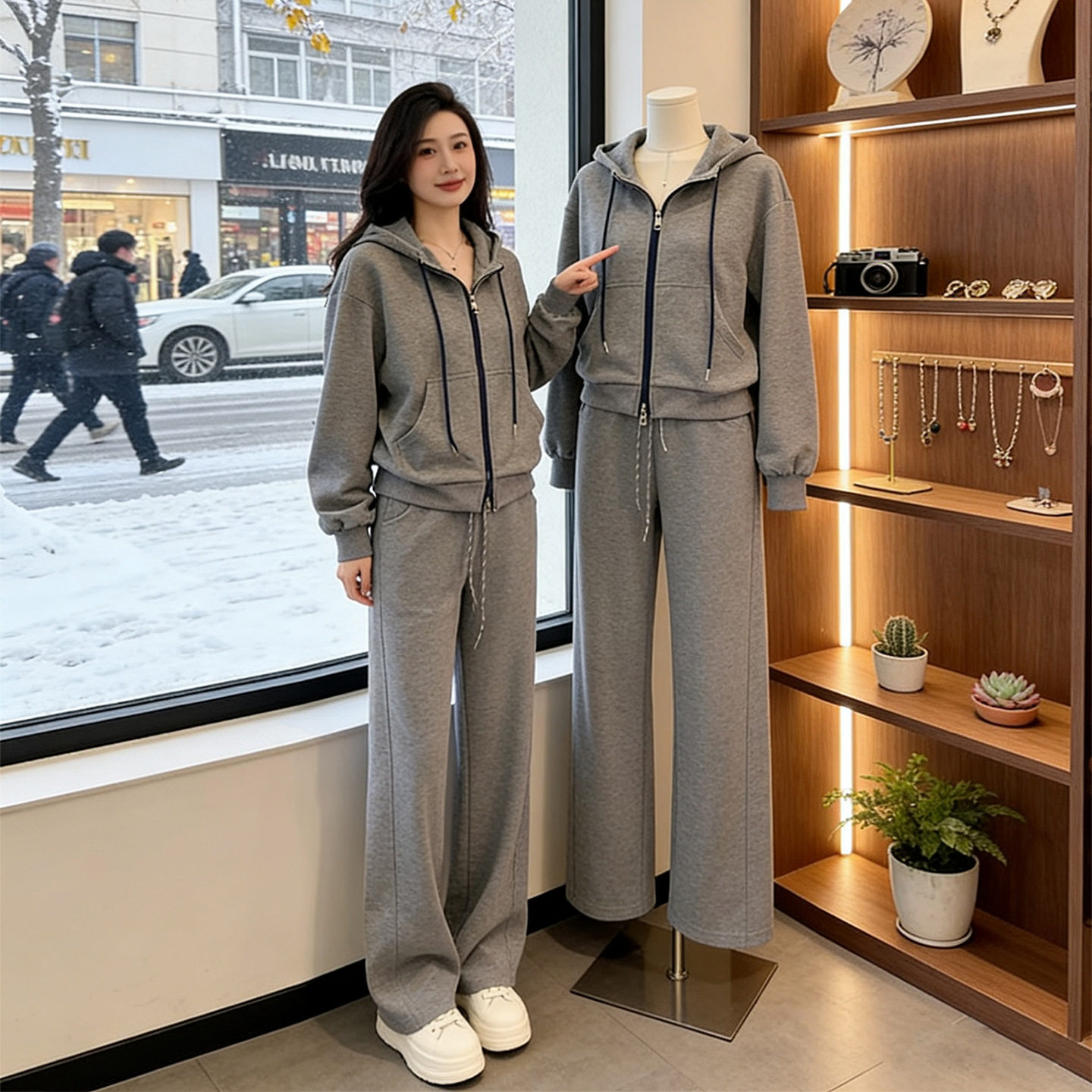 欧货潮牌休闲套装女2026春新款灰色连帽开衫外套高腰阔腿裤两件套