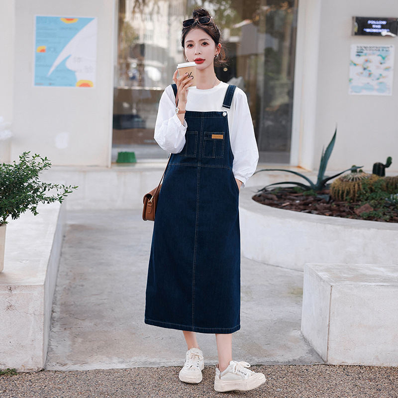 时尚套装女2025秋上新韩版气质简约干练遮肉显瘦牛仔背带裙两件套