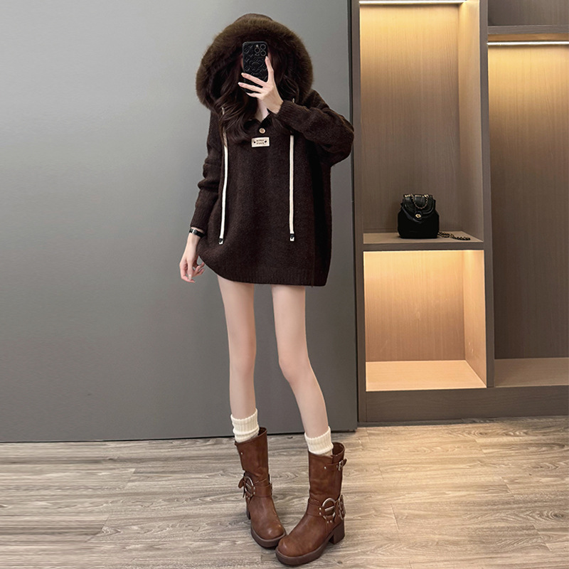 韩系慵懒风连帽毛衣女宽松套头针织衫加厚抽绳大毛领上衣高级感潮