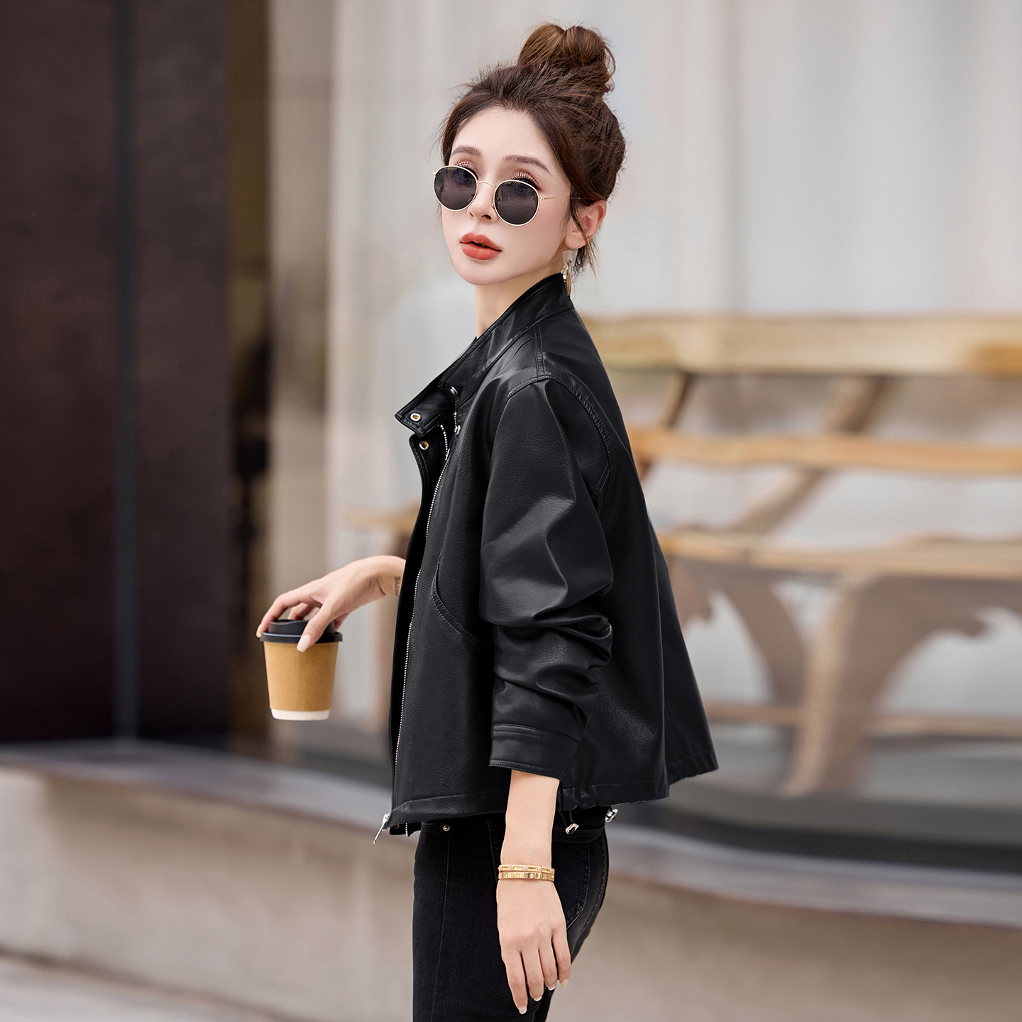 安可拉红立领皮衣外套女2025秋季新款美拉德炸街pu皮衣上衣