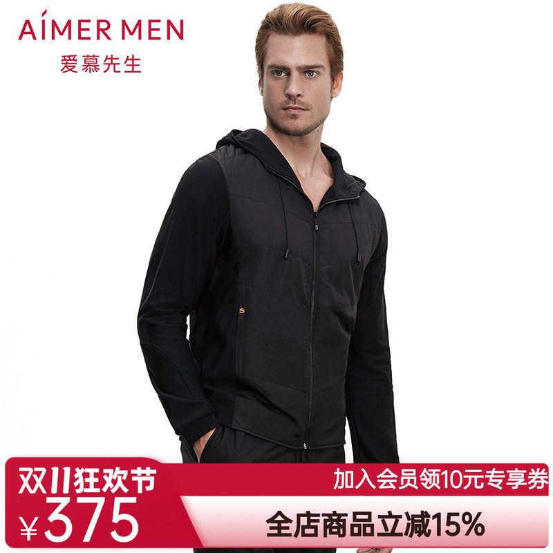 aimer men爱慕先生酷黑运动帽衫拉链夹棉长袖NS81B363