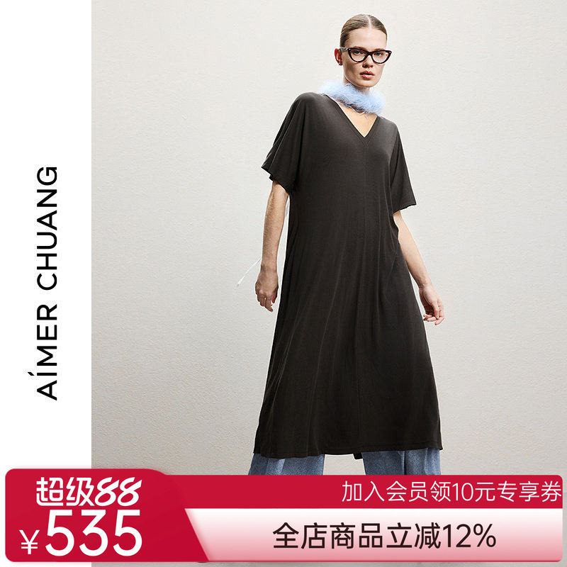 AIMER CHUANG26春夏女空气冰奶皮圆领短袖两面穿连衣裙CA442261