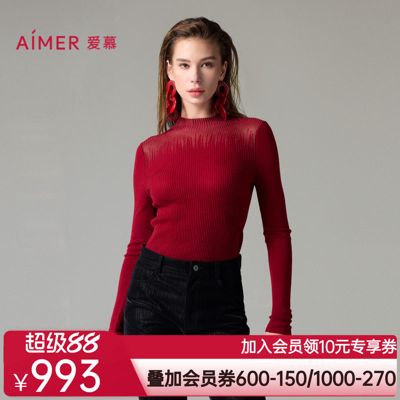 爱慕轻盈针织保暖内衣女秋冬红色羊毛透视小高领长袖上衣AM72A222