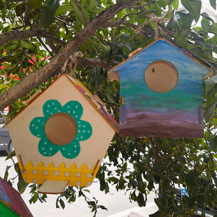 木制幼儿园diy手工儿童拼装涂鸦鸟窝鸟屋鸟笼户外庭院装饰鸟舍