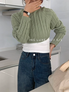 韩系新款 ING复古麻花V领绑带针织衫 女2022春季 内搭打底短毛衣上衣