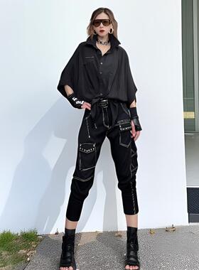 网红款宽松休闲风2026年夏季薄款透气短袖衬衫百搭哈伦中裤两件套