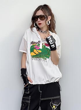 欧货潮牌夏季宽松显瘦2026年薄款透气白色连帽短袖印花百搭上衣女