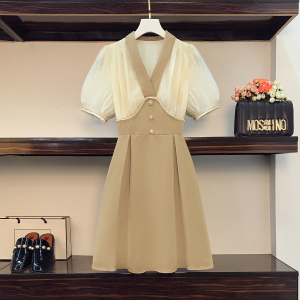 RM8422#大码女装夏季新款短袖收腰显瘦网红拼接V领法式连衣裙女