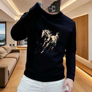秋冬加绒潮牌时尚圆领卫衣男士青年马图案印花长袖打底衫上衣男装