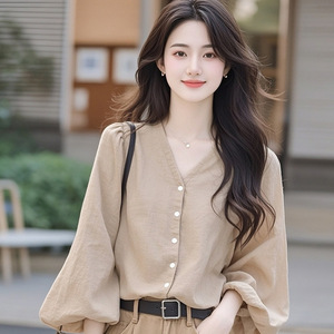 韩系气质感小个子上衣宽松遮肉显瘦卡其色衬衫女早春2025热卖