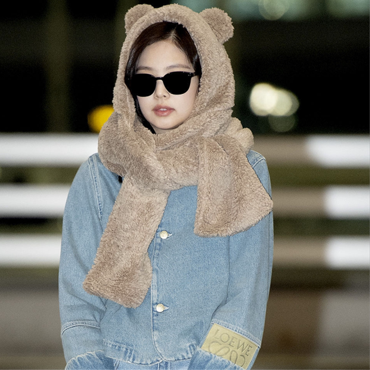 jennie金智妮小熊帽子女毛绒围巾女冬可爱连帽一体护耳围脖保暖潮