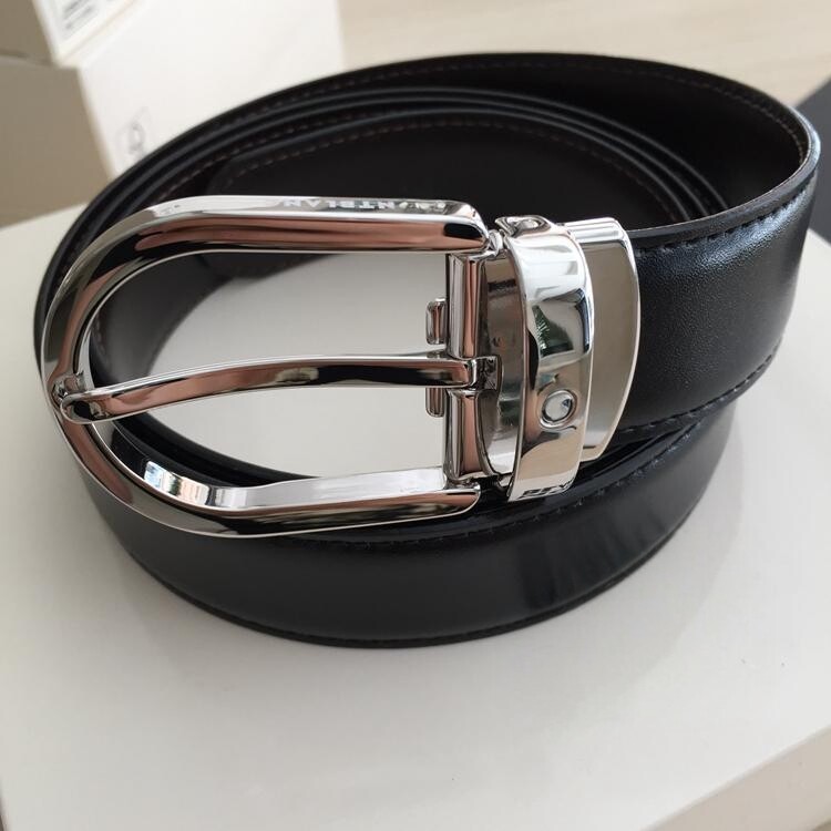 品牌男头层双面牛皮针扣皮带时尚简约正装商务真皮腰带黑色M款3.0