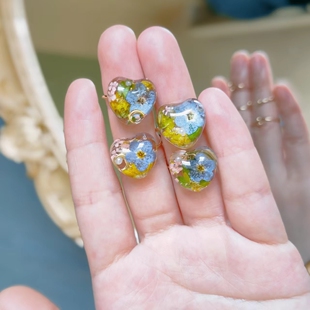 小众设计 天然勿忘我干花滴胶透明质感真花爱心开头戒指女925银