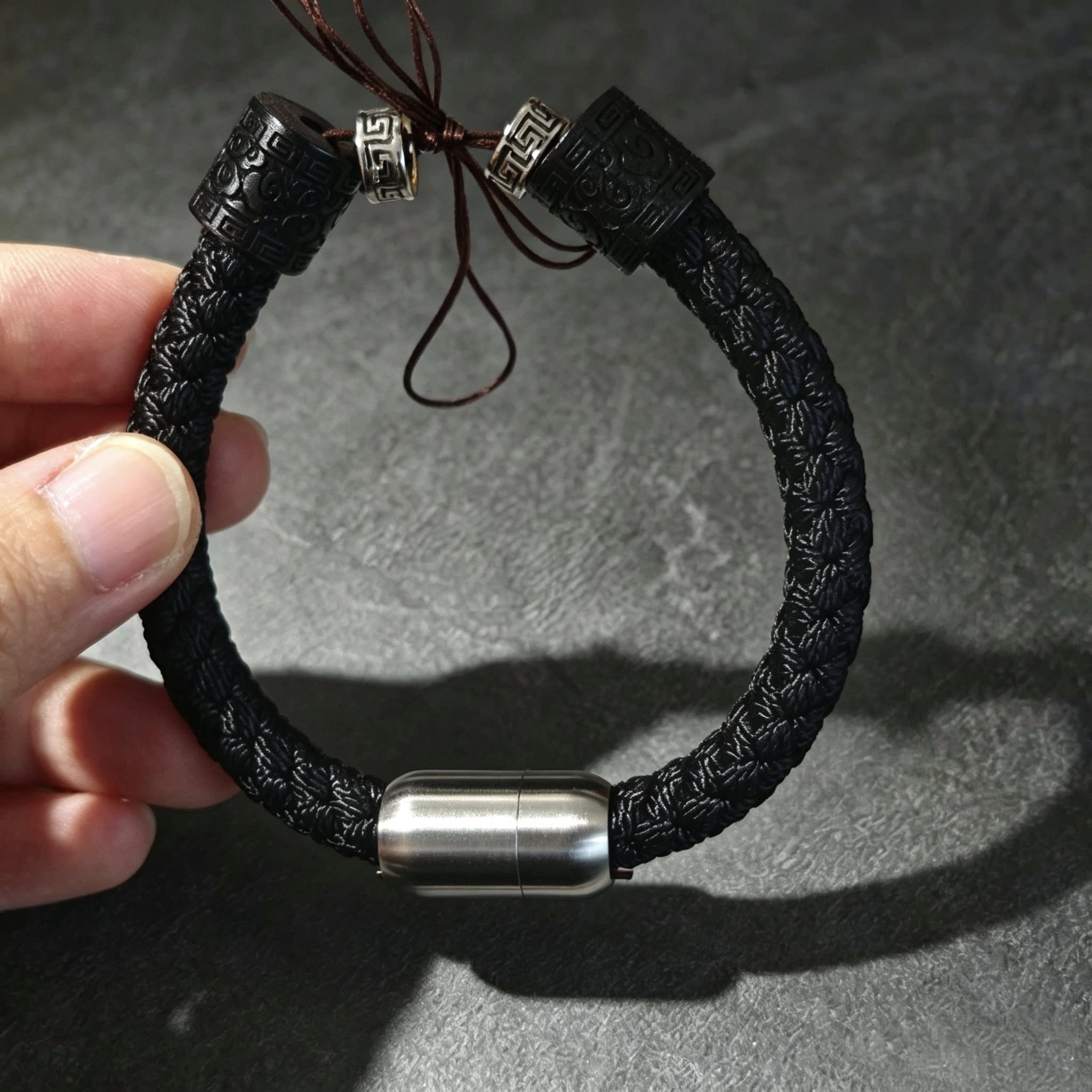 可放头发青丝朱砂手工编织龙鳞手绳黑檀925银转运珠穿五帝钱貔貅