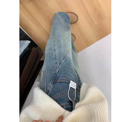 窄版直筒弯刀牛仔裤女春