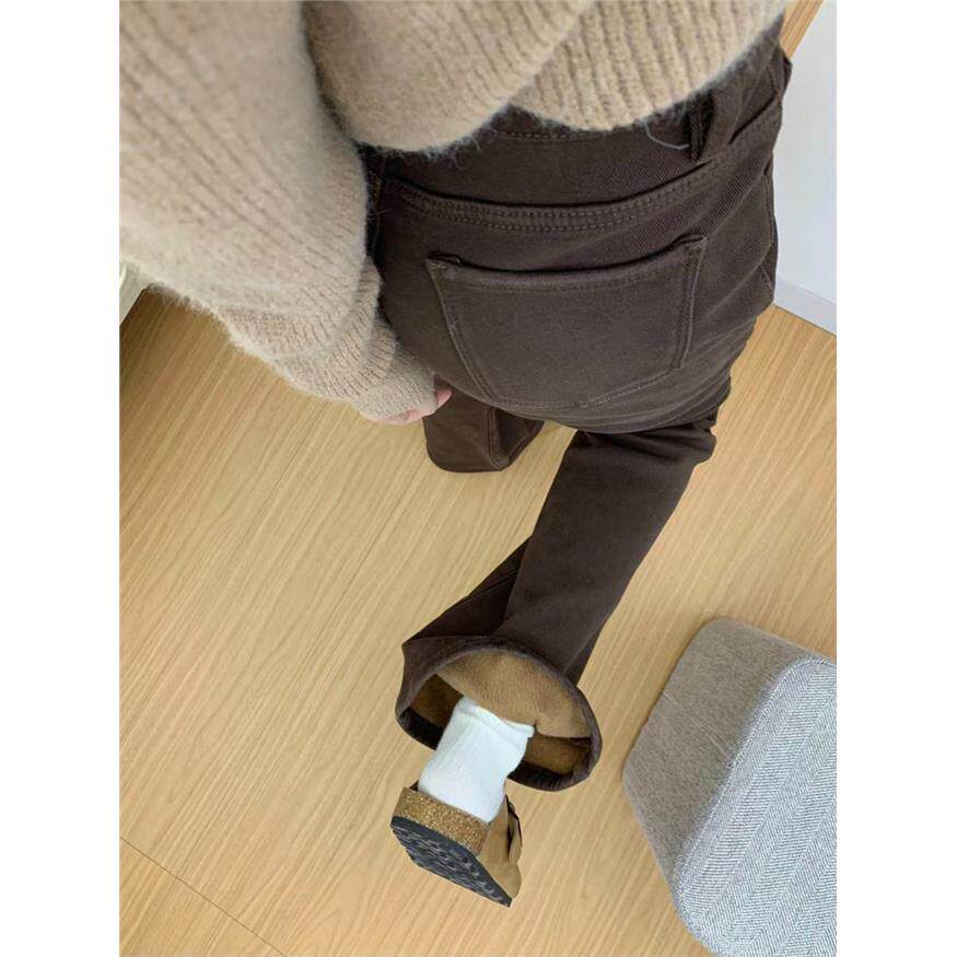 美拉德咖色微喇牛仔裤女秋冬胖妹妹mm加绒加厚高腰弹力显瘦喇叭裤