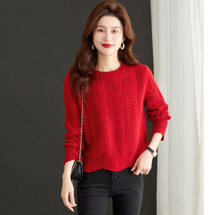 圆领毛衣时尚麦穗勾花上衣宽松套头长袖针织红色女式秋冬新款外穿