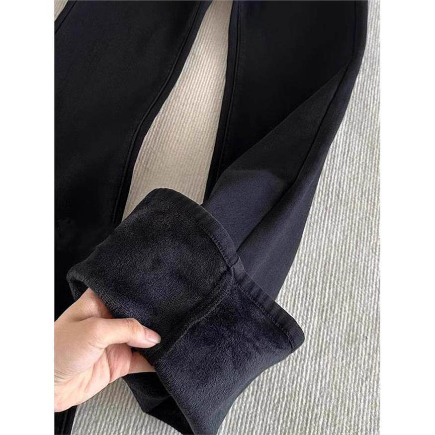 黑色加绒加厚微喇牛仔裤女胖妹妹mm秋冬新款高腰遮胯弹力喇叭长裤