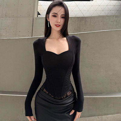 韩系高级感黑色长袖束腰T