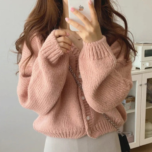 韩版 毛衣针织上衣外套女小个子XXS chic秋冬宽松V领纯色粗毛线开衫