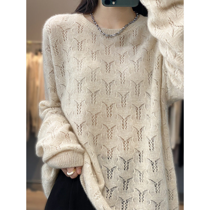 2024秋薄款圆领勾花镂空针织毛衣针织衫女士宽松打底衫软糯