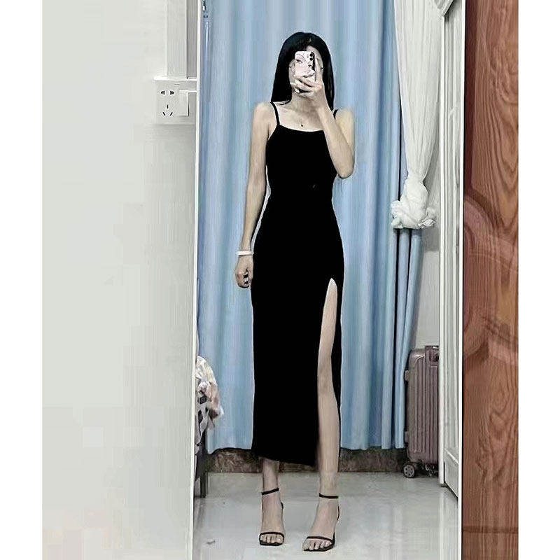 法式赫本风辣妹高级性感生日礼服开叉长版黑色包臀吊带洋装女夏
