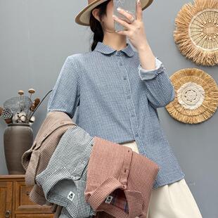 2025双层棉纱小个子女生翻领娃娃领衬衣女长袖 春秋衬衣小格子上衣