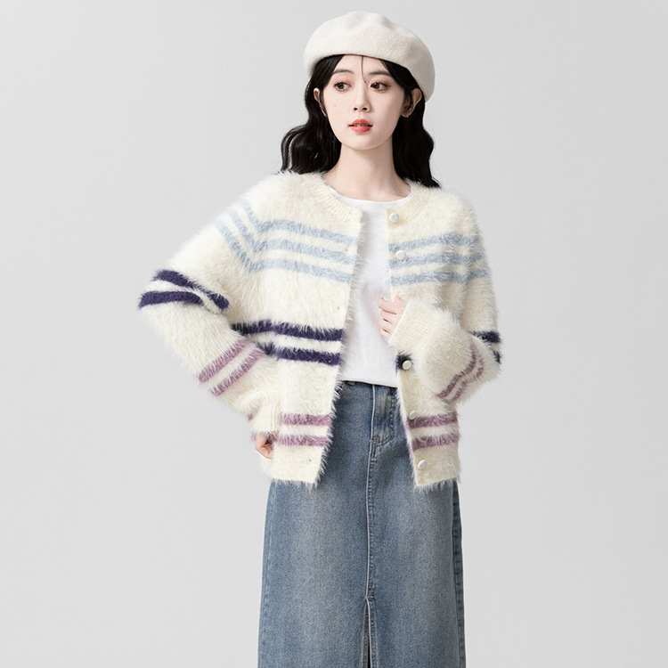 新款条纹毛衣针织衫开衫外套秋冬宽松上衣时尚外套