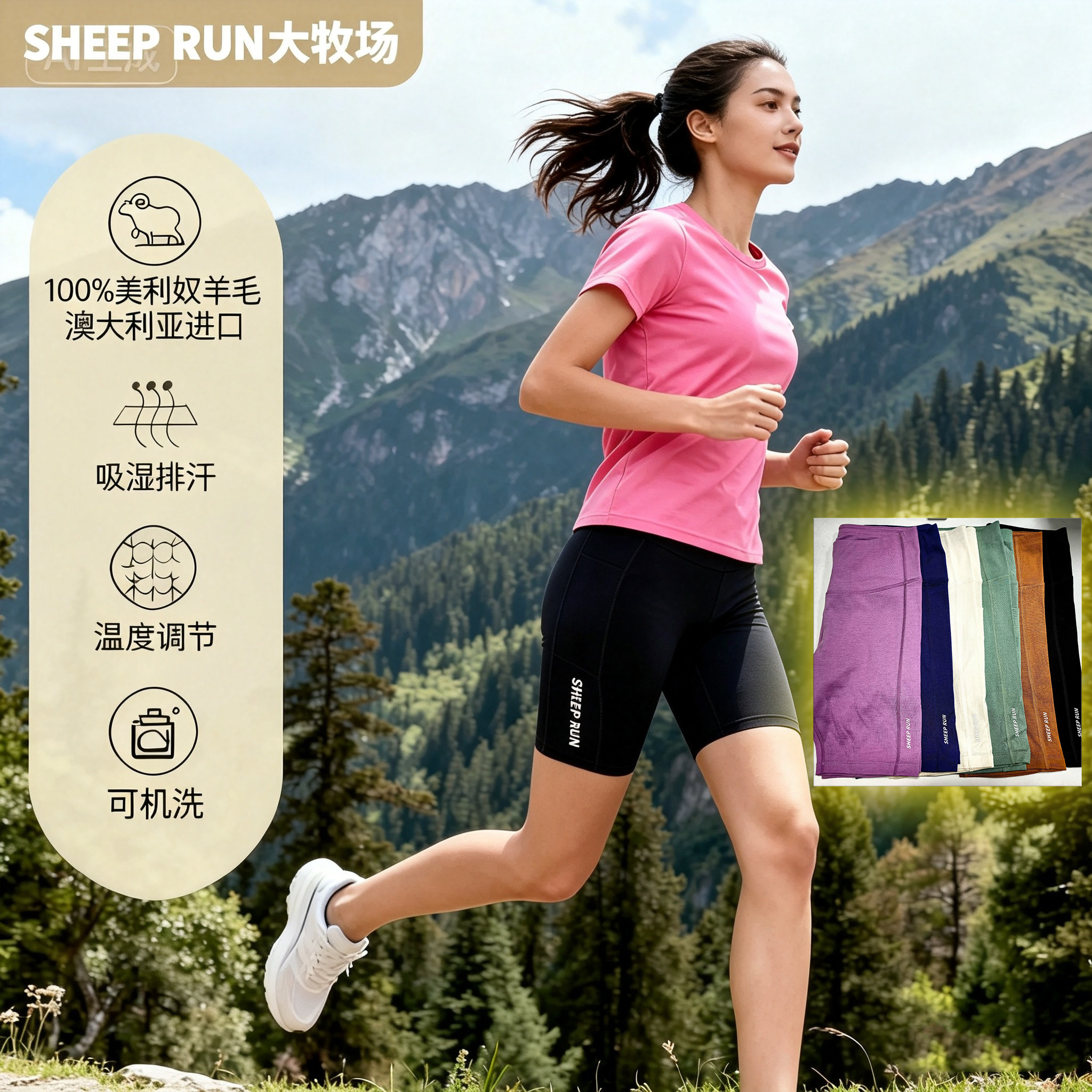 SHEEP RUN大牧场 美利奴羊毛短裤女运动健身跑步骑行裤户外速干裤