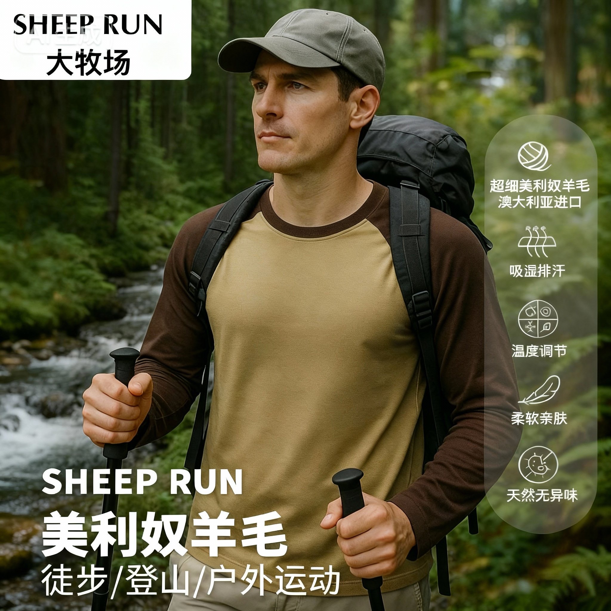 SHEEP RUN 美利奴羊毛长袖T恤吸湿排汗保暖透气防臭户外徒步上衣