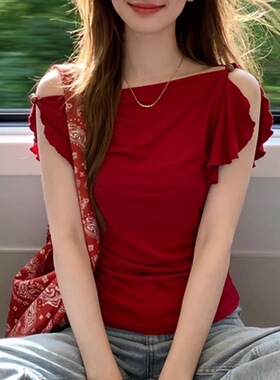 设计感红色一字领斜肩无袖t恤女夏季修身特别漂亮的掐腰短款上衣