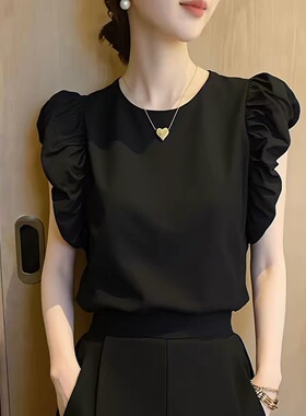 轻奢黑色泡泡袖短袖上衣女2026夏季新款圆领内搭简约百搭大码显瘦