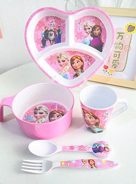 宝宝幼儿园餐盘餐具套装爱莎公主儿童碗分格餐盘饭碗把手碗杯勺叉