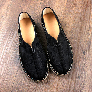 夏季新款老北京布鞋男款高档手工亚麻一脚蹬软底透气轻便中式僧鞋