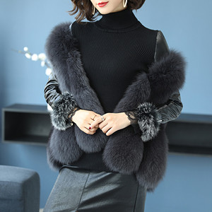 皮袖打底衫女冬内搭大狐狸毛长袖加厚加绒配皮草的羽绒棉袖毛衣女