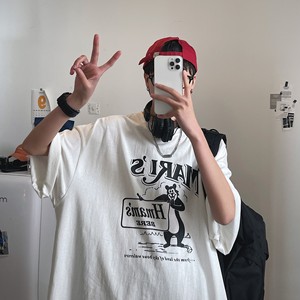 夏季新款短袖T恤男 圆领港风情侣印花纯棉休闲学生体恤M图片