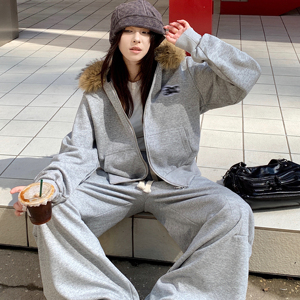 可拆卸毛领65华棉连帽开衫卫衣男女修身短款K69 P75图片