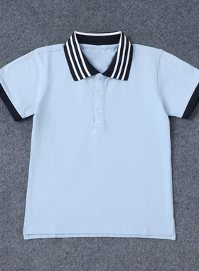 儿童校服夏季短袖polo衫浅蓝色T恤纯棉中小学生男童女孩班服园服