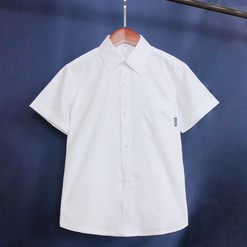 男童短袖白衬衫口袋款中大童学生校服纯白色衬衣翻领尖领纯棉上衣