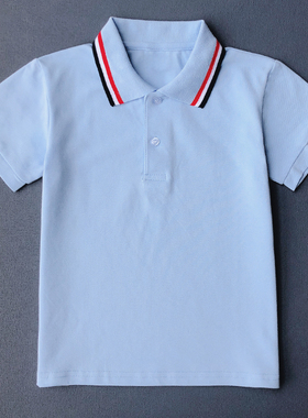 儿童浅蓝色校服短袖t恤POLO衫夏季男童女童纯棉园服中小学生班服