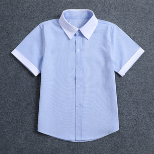 童装校服短袖衬衫夏季男童女童浅蓝白领白袖衬衣中大童小学生校服