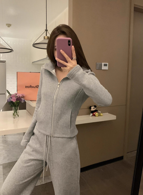 VASSE 休闲团宠 显瘦lu连帽正肩掐腰灰色连帽卫衣百搭高克重外套