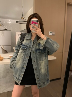 VASSE 伦敦街头复古做旧蓝水洗磨破显瘦宽松美式牛仔外套休闲夹克