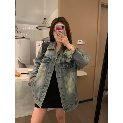 复古做旧蓝水洗磨破显瘦牛仔外套