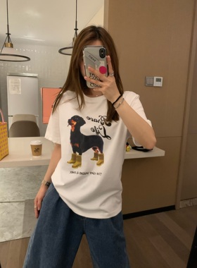 VASSE 快乐小狗 韩系字母印花圆领宽松套头正肩百搭白色短袖T恤夏